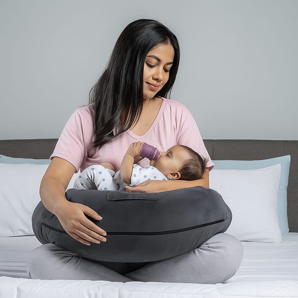 VRINDAKUL™ Grey Feeding Pillow – Ergonomic Support for Mom & Baby